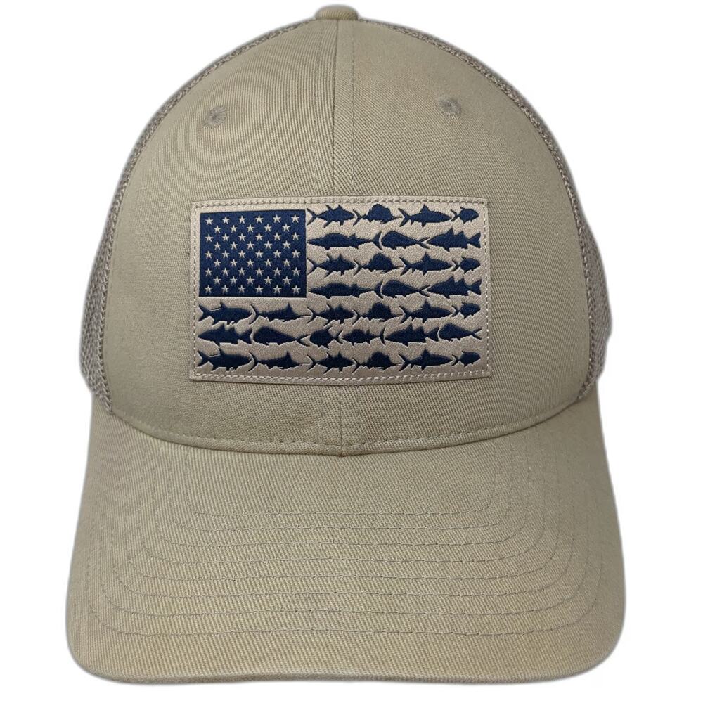 Columbia PFG Baseball Cap Beige One Size Mesh American Flag Fish Patch Hat Blue